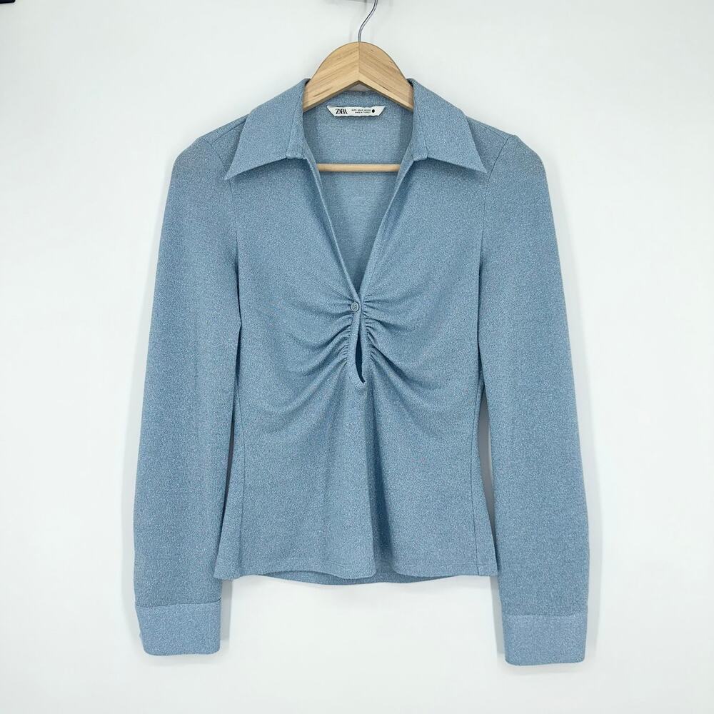 ZARA Sparkle Ruched Button Front Cutout Long Sleeve Blouse Top Light Blue